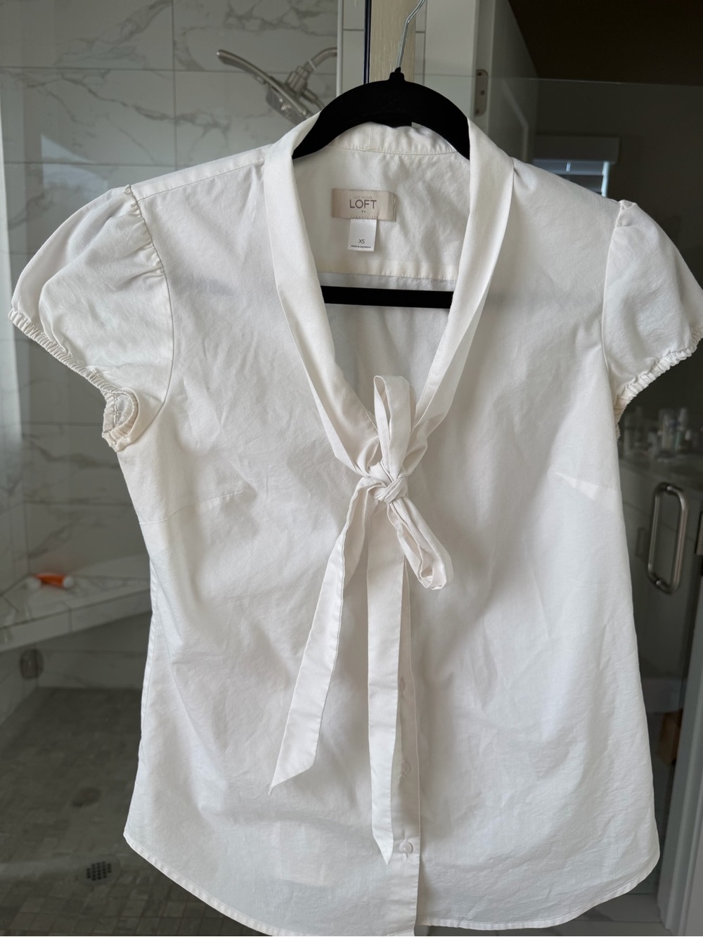 LOFT White Tie-Neck Short Sleeve Blouse